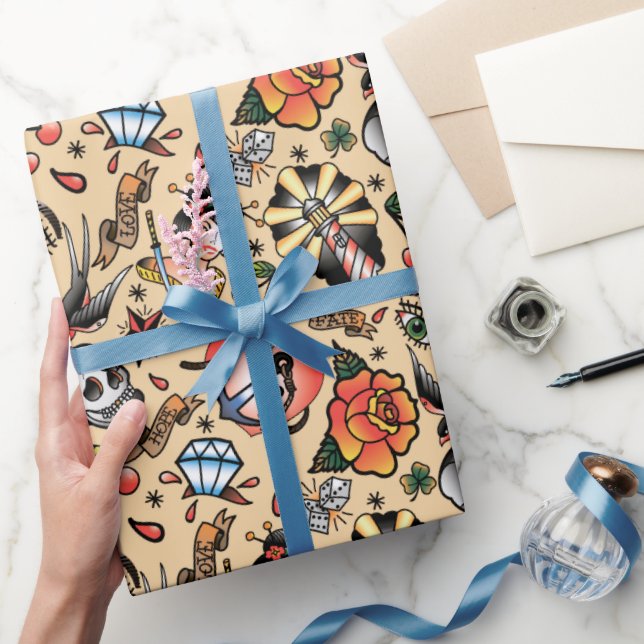 Cute tattoo lovers tiled party wrapping paper (Gifting)