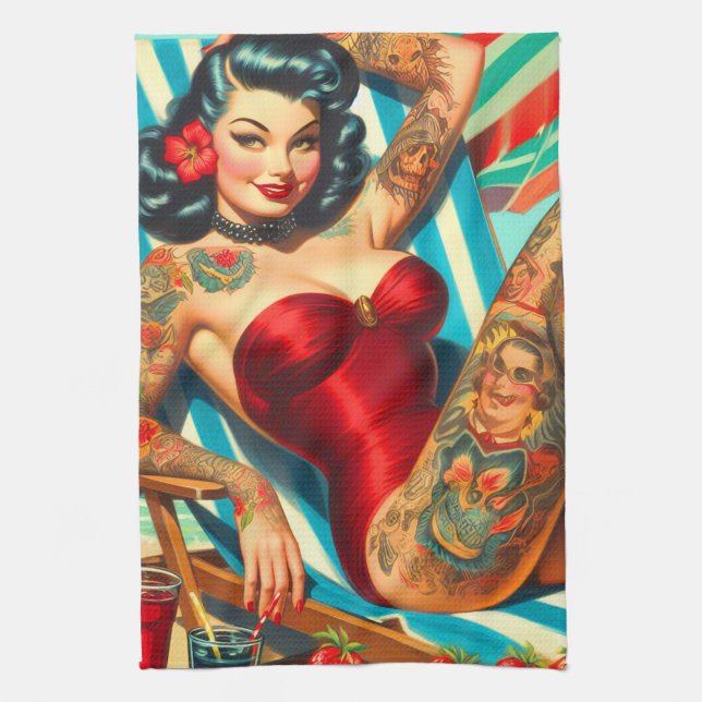 Cute Tattooed Swimsuit Pin-up Kitchen Towel (Vertical)