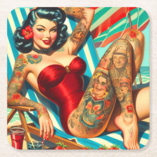 Cute Tattooed Swimsuit Pin-up Square Paper Coaster