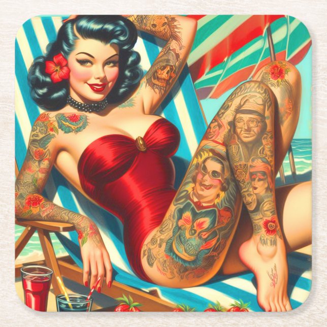 Cute Tattooed Swimsuit Pin-up Square Paper Coaster (Front)
