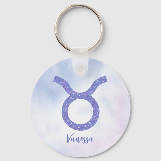 Cute Taurus Astrology Sign Personalized Purple Keychain (Front)