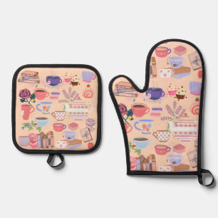 Cute Tea and Books Oven Mitt & Pot Holder Set