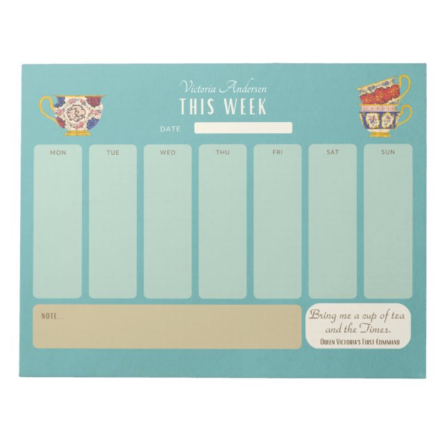 Cute Tea Drinker Personalized Weekly Agenda Notepad (Front)