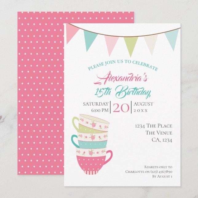 Cute Tea Party Birthday Personalized Colourful Invitation (Front/Back)