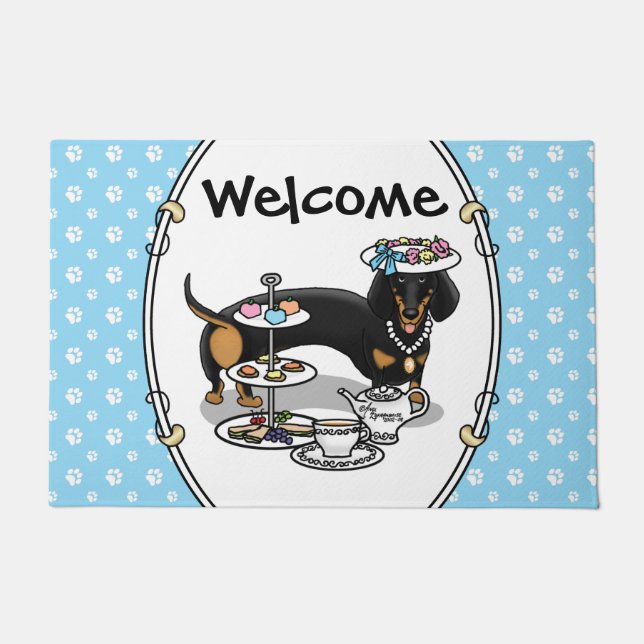 Cute Tea Party Dachshund (black & tan) Funny Dog Doormat (Front)
