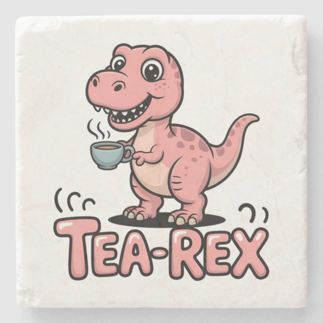 Cute Tea-Rex Pink Dinosaur – Sip Happens! Stone Coaster (Front)