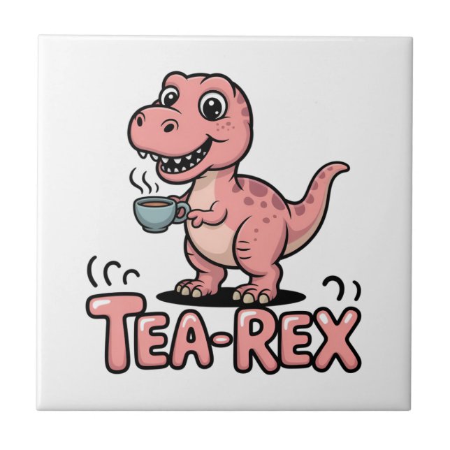 Cute Tea-Rex Pink Dinosaur – Sip Happens! Tile (Front)