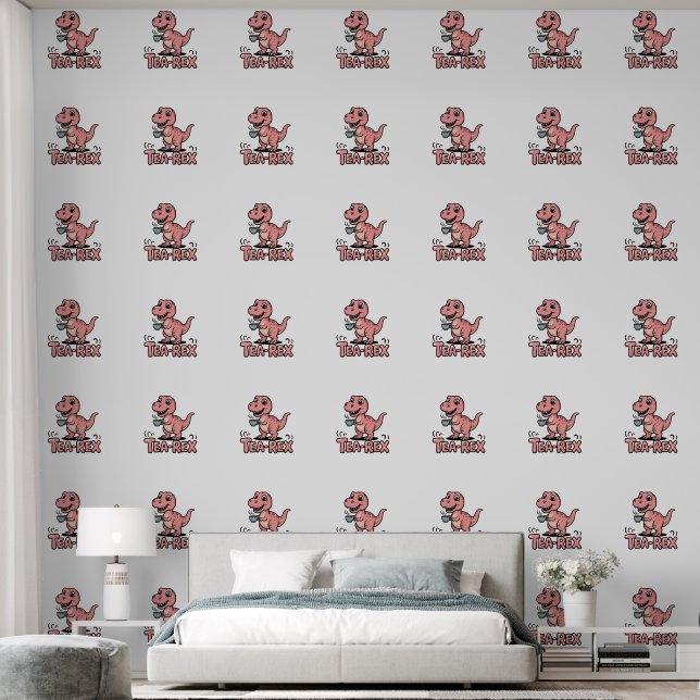 Cute Tea-Rex Pink Dinosaur – Sip Happens! Wallpaper (Bedroom)