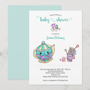 Cute Tea Time Teal Baby Shower Invitation