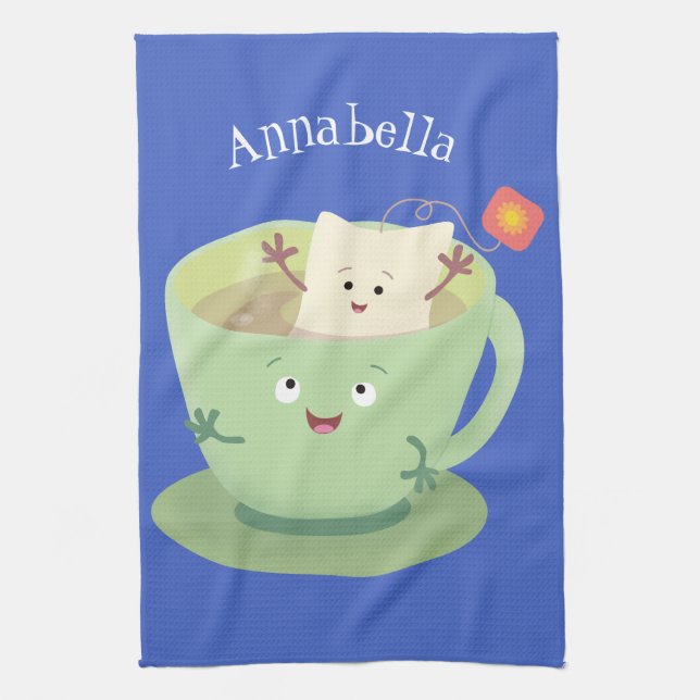 Cute teabag cup cartoon humour character kitchen towel (Vertical)