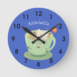 Cute teabag cup cartoon humour character round clo clock