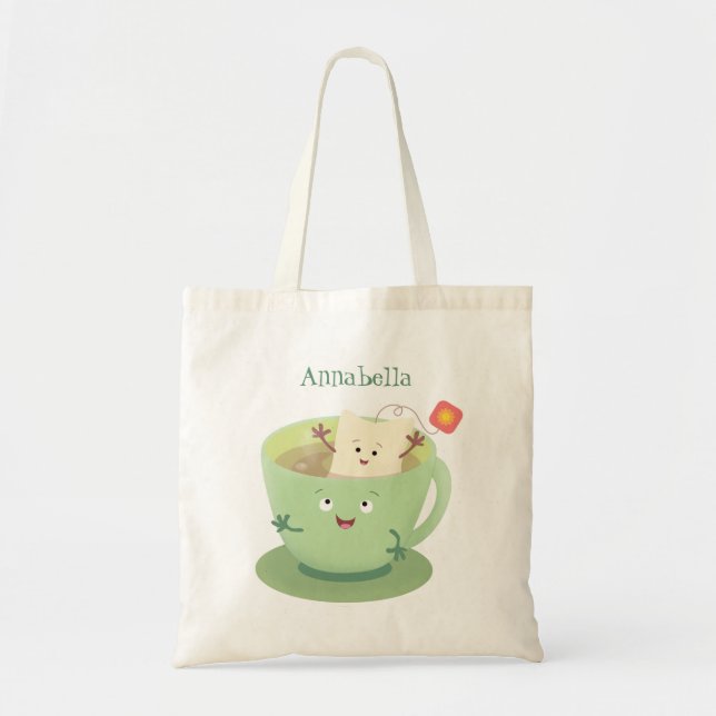 Cute teabag cup cartoon humour character tote bag (Front)