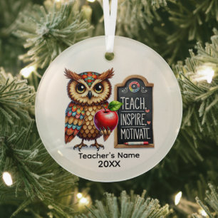 Cute Teach Inspire Motivate add name year  Glass Ornament