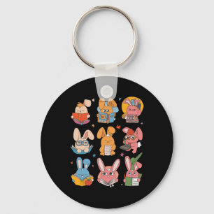 Cute Teacher Bunny Rabbit Reading Easter Bunnies B Keychain
