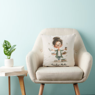 Cute Teacher Cartoon with "Teacher Mode Always On" Throw Pillow