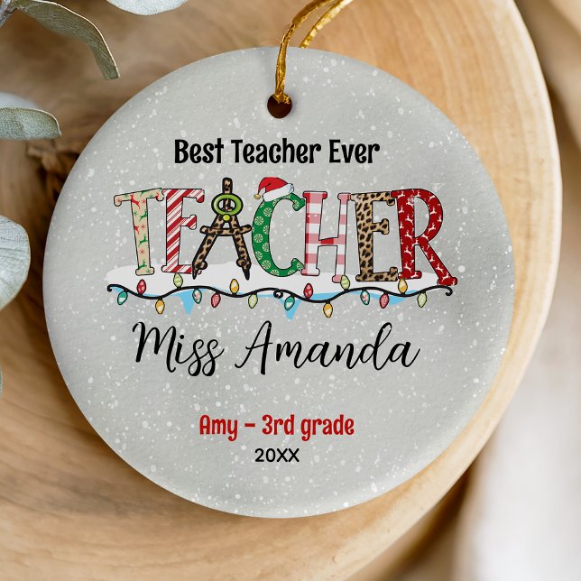 Cute Teacher Christmas green red baffalo plaid Ceramic Ornament (Creator Uploaded)