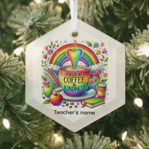 Cute Teacher coffee kindness word art Glass Ornament