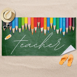 Cute Teacher Coloured Pencils Personalized Beach Towel
