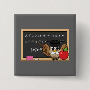 Cute Teacher Owl with Apple Cartoon 2 Inch Square Button