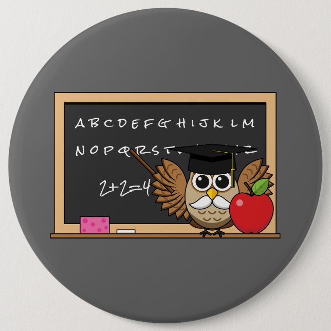 Cute Teacher Owl with Apple Cartoon 6 Inch Round Button (Front)