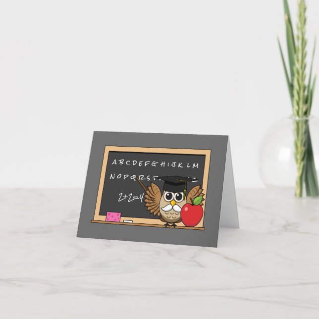 Cute Teacher Owl with Apple Cartoon | Add Text Card (Front)