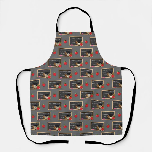 Cute Teacher Owl with Apple Cartoon Apron (Front)