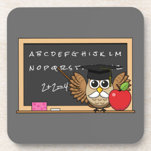 Cute Teacher Owl with Apple Cartoon Coaster