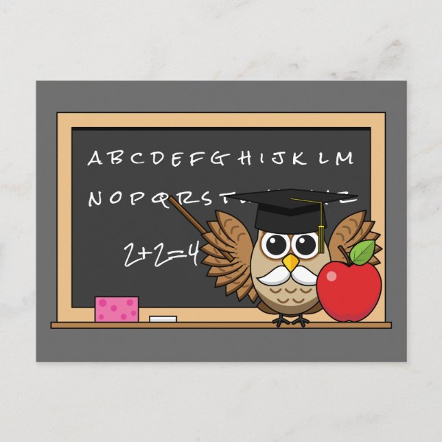 Cute Teacher Owl with Apple Cartoon Holiday Postcard (Front)