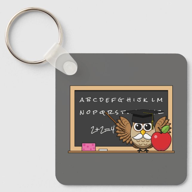 Cute Teacher Owl with Apple Cartoon Keychain (Front)