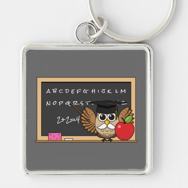 Cute Teacher Owl with Apple Cartoon Keychain (Front)
