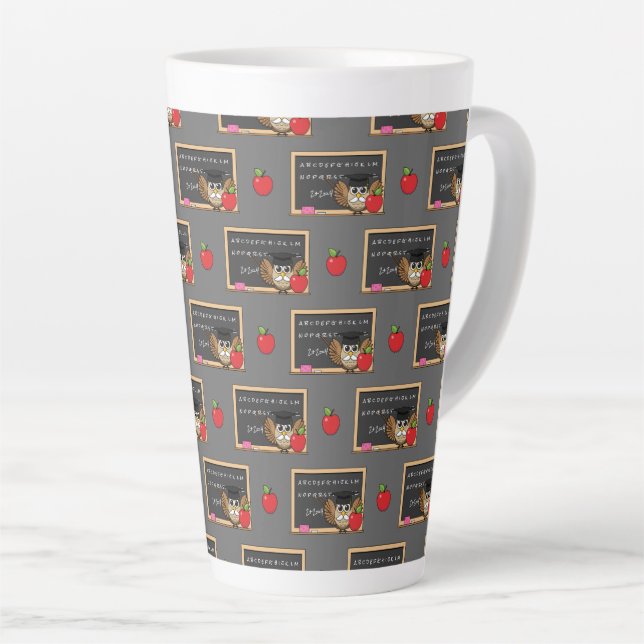 Cute Teacher Owl with Apple Cartoon Latte Mug (Right Angle)