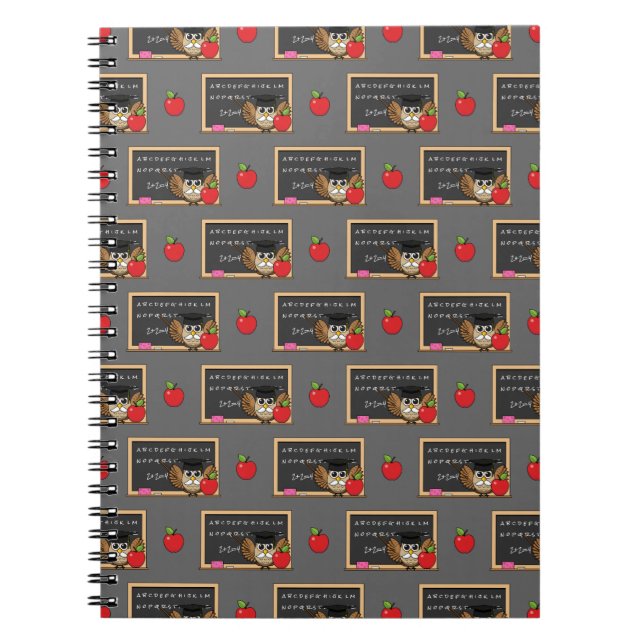 Cute Teacher Owl with Apple Cartoon Notebook (Front)