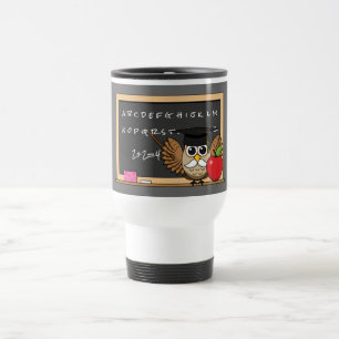 Cute Teacher Owl with Apple Cartoon Travel Mug