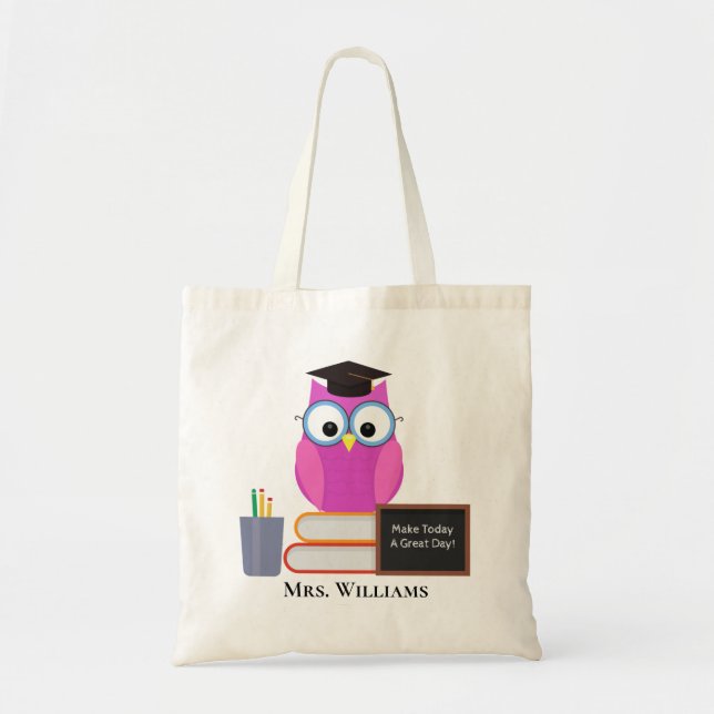 Cute Teacher Pink Owl Back To School Monogram Tote Bag (Front)