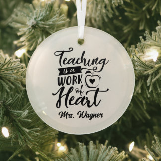 Cute Teacher word art add name Glass Ornament