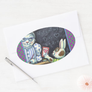 CUTE TEACHER'S PET, APPLE & VALENTINE BUNNY RABBIT OVAL STICKER