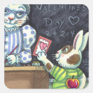 CUTE TEACHER'S PET, APPLE & VALENTINE BUNNY RABBIT SQUARE STICKER