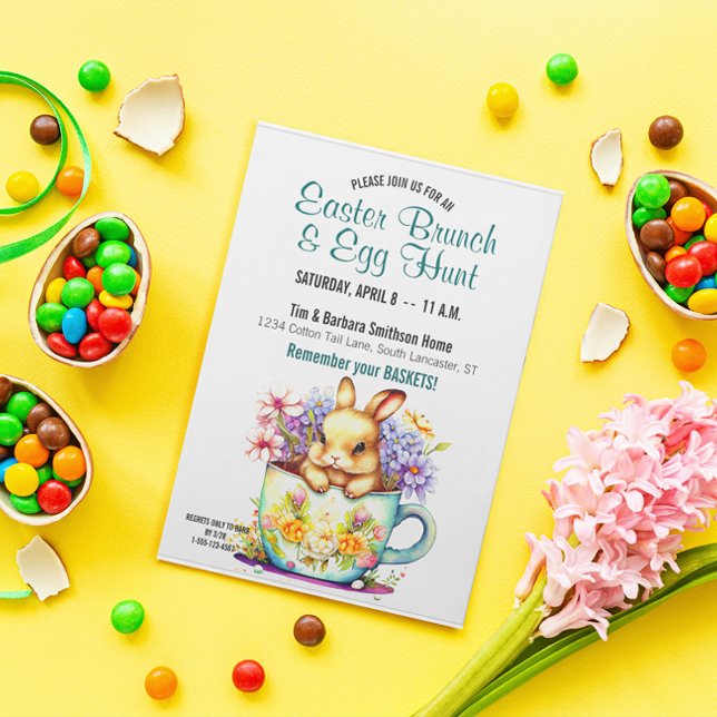 Cute Teacup Bunny Floral Easter Brunch & Egg Hunt Invitation (Creator Uploaded)