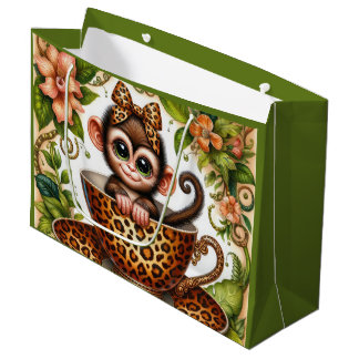 Cute teacup monkey lovers party large gift bag