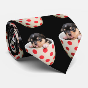Cute Teacup Puppy Pattern on Black Tie