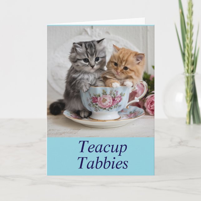 Cute Teacup Tabbies Folded Greeting Card (Front)
