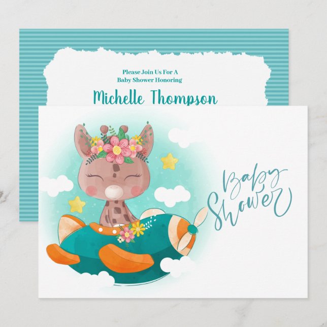 Cute Teal Airplane Giraffe Baby Shower   Invitation (Front/Back)