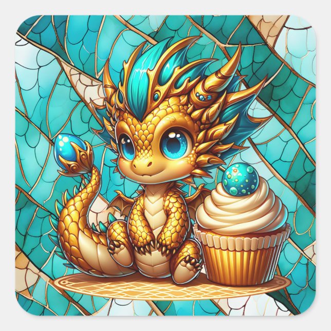 Cute Teal and Gold Dragon Boy's Birthday Party Square Sticker (Front)