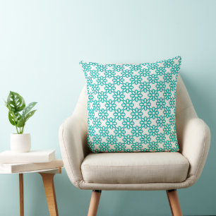Cute Teal and White Floral Pattern Throw Pillow