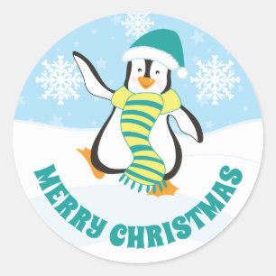 Cute Teal and Yellow Hat Christmas Penguin Classic Round Sticker