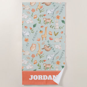 Cute Teal Baby Animal Pastel Pattern Beach Towel