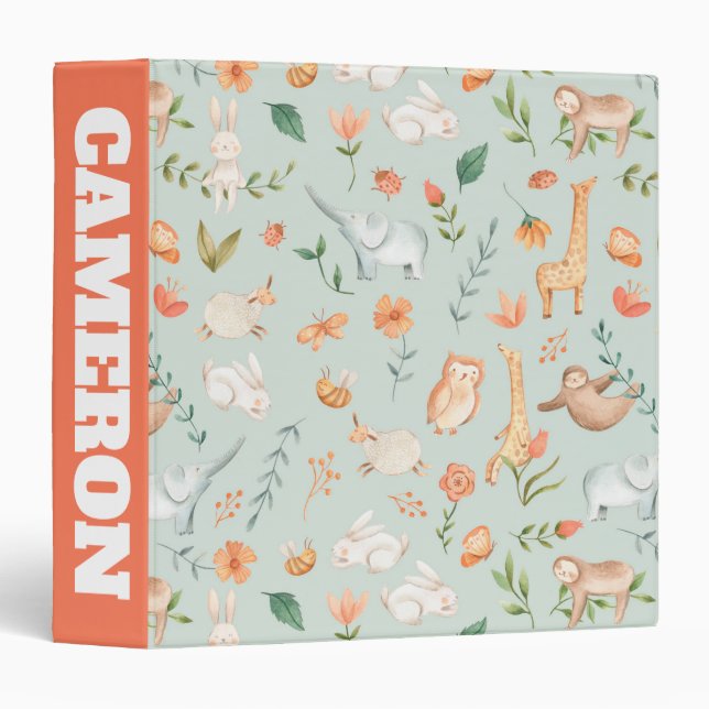 Cute Teal Baby Animal Pastel Pattern Binder (Front/Spine)