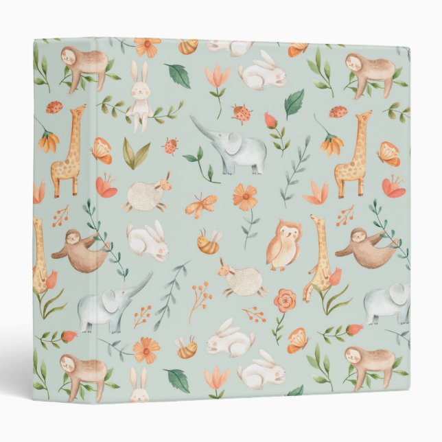 Cute Teal Baby Animal Pastel Pattern Binder (Front/Spine)