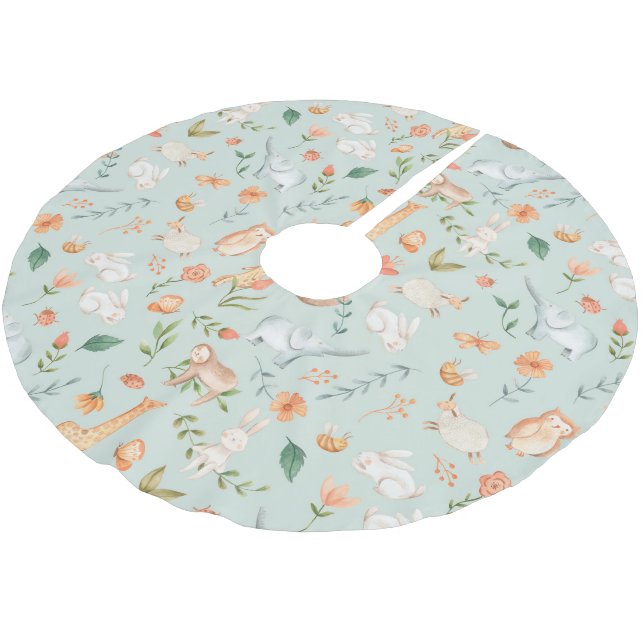 Cute Teal Baby Animal Pastel Pattern Brushed Polyester Tree Skirt (Angled)