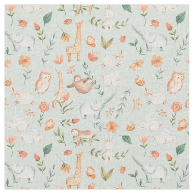 Cute Teal Baby Animal Pastel Pattern Fabric (Close Up)